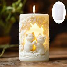 1pc Two Frolic Cute Kitty Relief Cylinder Candle Mold Silicone Mold Cute Kitty Flower Vine Relief Column Scented Candle Mold Easter Mold Cute Cat Resin Plaster Cement Concrete Mold Easter Gift - A-White - View 1