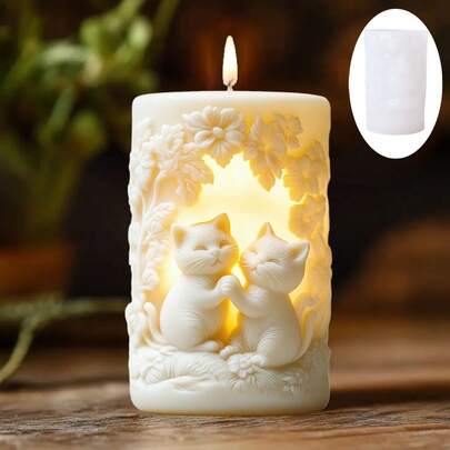 1pc Two Frolic Cute Kitty Relief Cylinder Candle Mold Silicone Mold Cute Kitty Flower Vine Relief Column Scented Candle Mold Easter Mold Cute Cat Resin Plaster Cement Concrete Mold Easter Gift