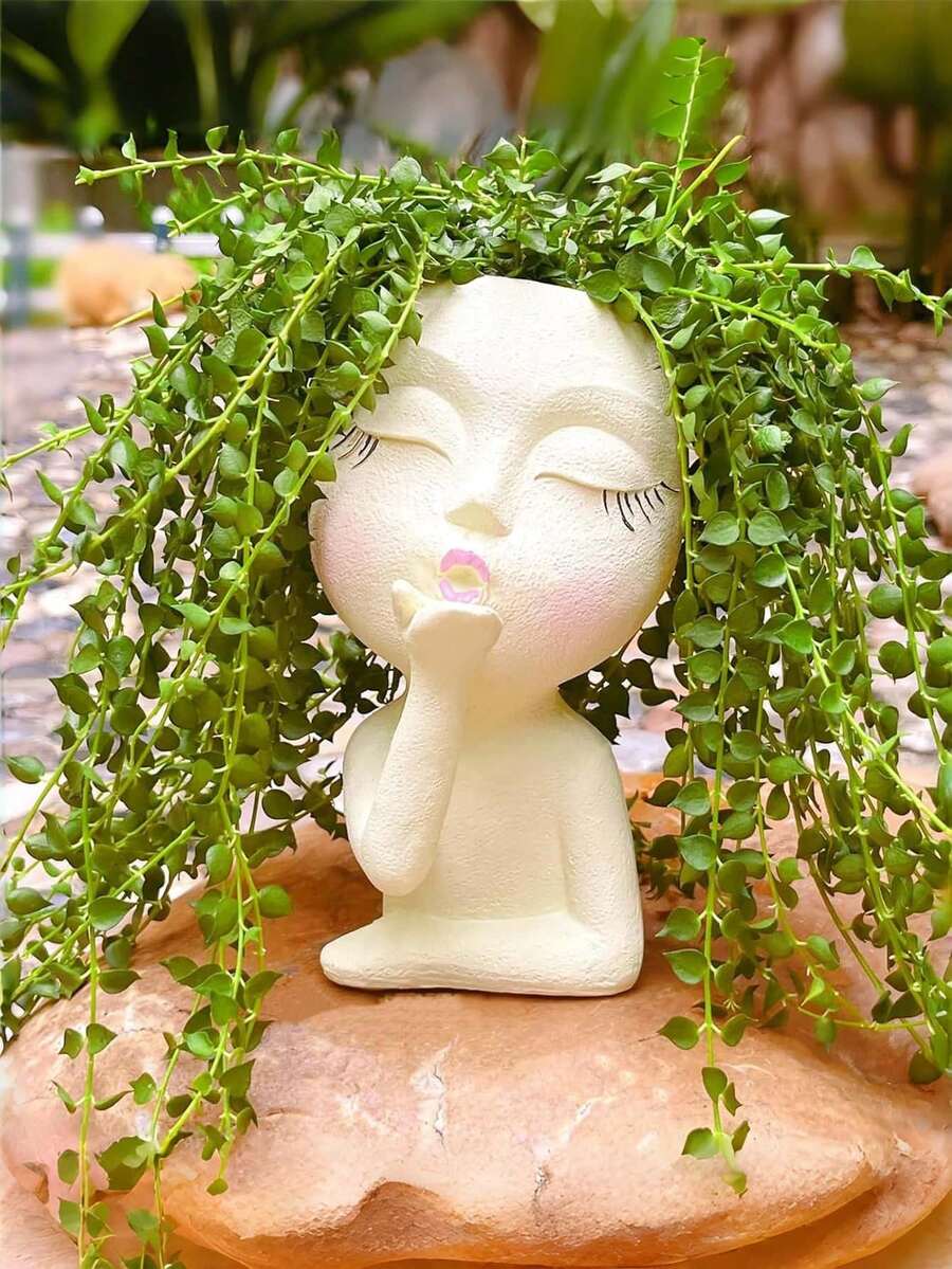 1个手工制作的脸形花盆，直立“接吻”脸花盆，适合悬挂植物，可爱的多肉植物花盆，树脂材质，趣味脸部设计花盆，白色，1个。 - 顏色 - 查看 1