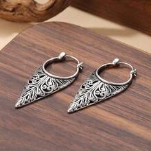 Vintage Hollow Leaf & Geometric Drop Earrings For Women, Bohemian Design, Intricate Pattern, Exquisite Gift - Antique Silver - View 3