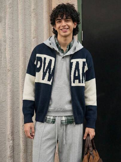 Open Phase 男士休闲宽松纯色罗纹英文字母针织拉链半高领开衫毛衣，通勤百搭，秋冬季INS风，日常搭配，男友/老公礼物