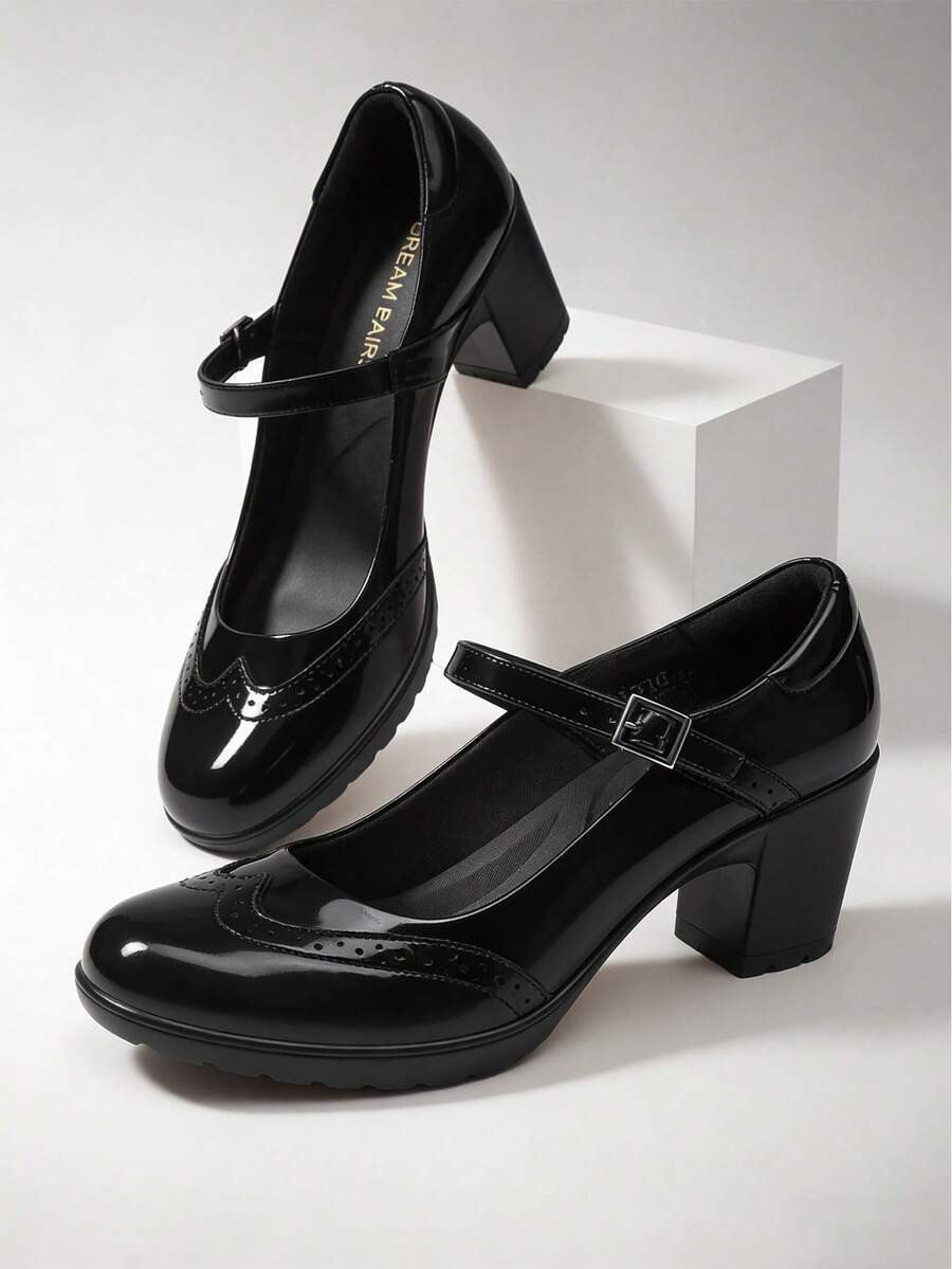 Women Round Toe Mary Jane Oxfords 2.8-Inch Chunky Heels Pumps Fashion Classic Elegant Dating Retro Style Oxfords Shoes - 黑色 - 查看 1
