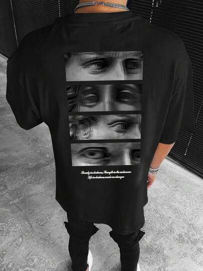 Plus Size Men's Casual Slogan & Statue Print Short Sleeve Round Neck T-Shirt, Suitable For Commuting In Summer