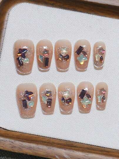 10片手工棺材形亚克力美甲贴片，短款，极简粉色美甲，腮红粉色渐变，闪粉美甲饰品月亮星星，极简前卫优雅简约春季美甲，夏季美甲贴片，节日美甲，派对日常及约会适用，海滩热带度假风，DIY假指甲，适合女性和女孩作为礼物，美甲用品，手工美甲贴片