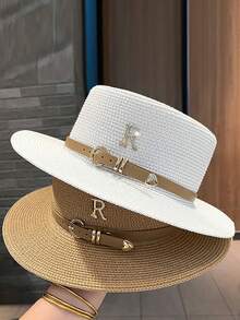 Women's Straw Hat, Summer Travel Vacation Beach R Letter Rhinestone Belt Retro British Style Flat Top Sun Hat, UV Protection, Casual, Polyester, Spring/Summer - Hat - View 9