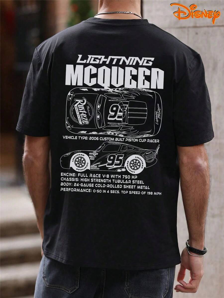 Disney Men's Casual T-Shirt, Lightning McQueen Vehicle Specs Sketch Print, Technical Racing Design, Relaxed Fit, Ideal For Car Enthusiasts & Daily Streetwear - Black - View 1