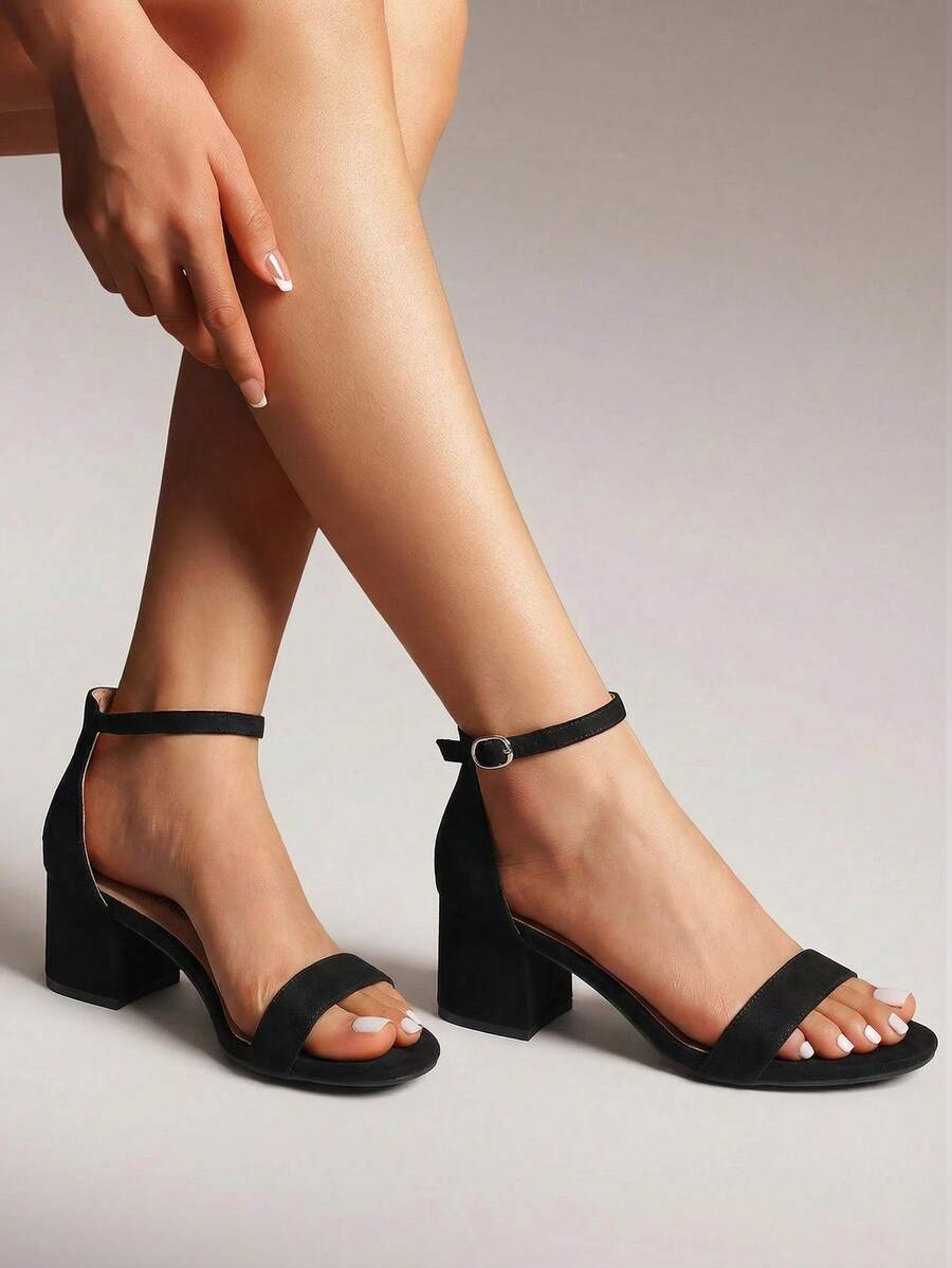 Women Chunky Low Heel Summer Sandals, Elegant Open Toe Ankle Strap Low Heeled Sandals For Causal And Wedding Party Wearing - 黑色 - 查看 1