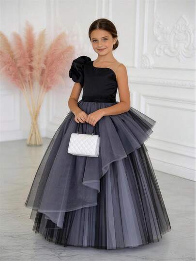 少女黑色花瓣袖薄纱优雅派对礼服，适合万圣节派对、圣诞公主裙、女孩生日派对、毕业典礼、舞会、伴娘婚礼花童选美服装、感恩节等场合。