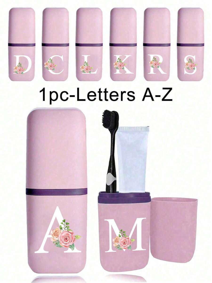 A-Z字母花卉装饰便携式旅行牙刷盒，浴室用品，户外旅行牙刷牙膏收纳盒，字母印花防尘整理盒，旅行必备，返校用品，露营装备，暑假用品，浴室配件，家居用品，收纳