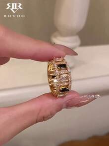 1枚时尚奢华复古高端几何立方氧化锆设计独特优雅铜戒指，适合婚礼、派对、聚会等场合。 - 金黃色 - 查看 2