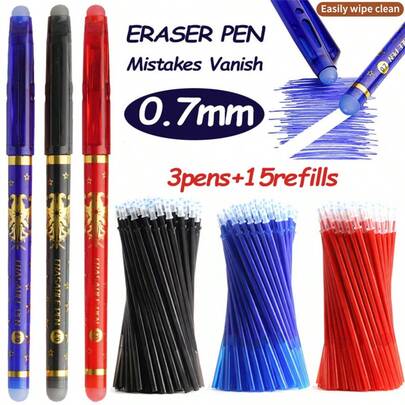 3pens+15refills - Erasable Gel Pen Set 0.7mm Errors Can Disappear Blue/Black/Red Erasable Ink Convenient To Use Ideal For Student Writing Office Stationery Pen Back-To-School Season Super Value