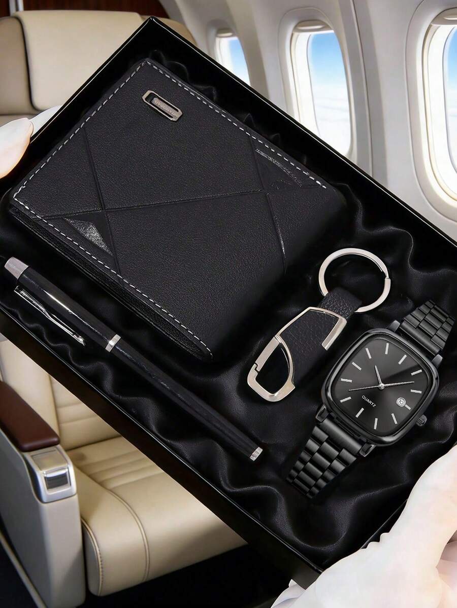 4PCS Minimalist Casual Men's Quartz Watch Set, Business Light Luxury Men's Watch Set (Including A Black Strap Watch With A Black Square Dial, Black Textured Leather Wallet, Metallic Ballpoint Pen, And Leather Keychain), Featuring A Cool Black Theme. - Black - View 1