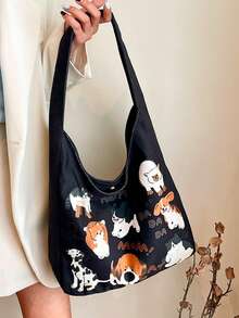 1pc Black Cartoon Cat & Dog All-Over Print + Funny Letter Print Thick Canvas Large Capacity Tote Bag, Casual College Style Shoulder Tote Bag For Daily Commute - Multicolor - View 5