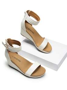 Sandalias de cuña con plataforma y correa para el tobillo para mujer - Blanco - Ver 3