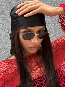 1副女士无框椭圆形金属镜腿时尚小框眼镜，适合日常佩戴 - 黑色 - 查看 2