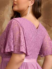 Plus Size Women's V-Neck Lace Chiffon High-Low Bridesmaid Dress, Elegant Wedding Guest Cocktail Party Dress With Shiny Ruffle Hem - Mauve Purple - View 8