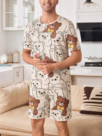 卡通熊印花短袖T恤和短裤两件套，舒适可机洗