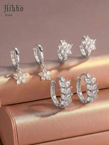 Hihho Bộ 6 bông tai mặt dây chuyền hình hoa tối giản đính đá Cubic Zirconia sáng bóng, quà tặng trang sức cao cấp. - Bạc - Xem 2