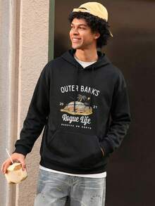 Open Phase 男士印花保暖连帽衫，美式街头风，适合秋冬季穿搭，日常百搭，送给男友/老公的礼物 - 黑色 - 查看 1