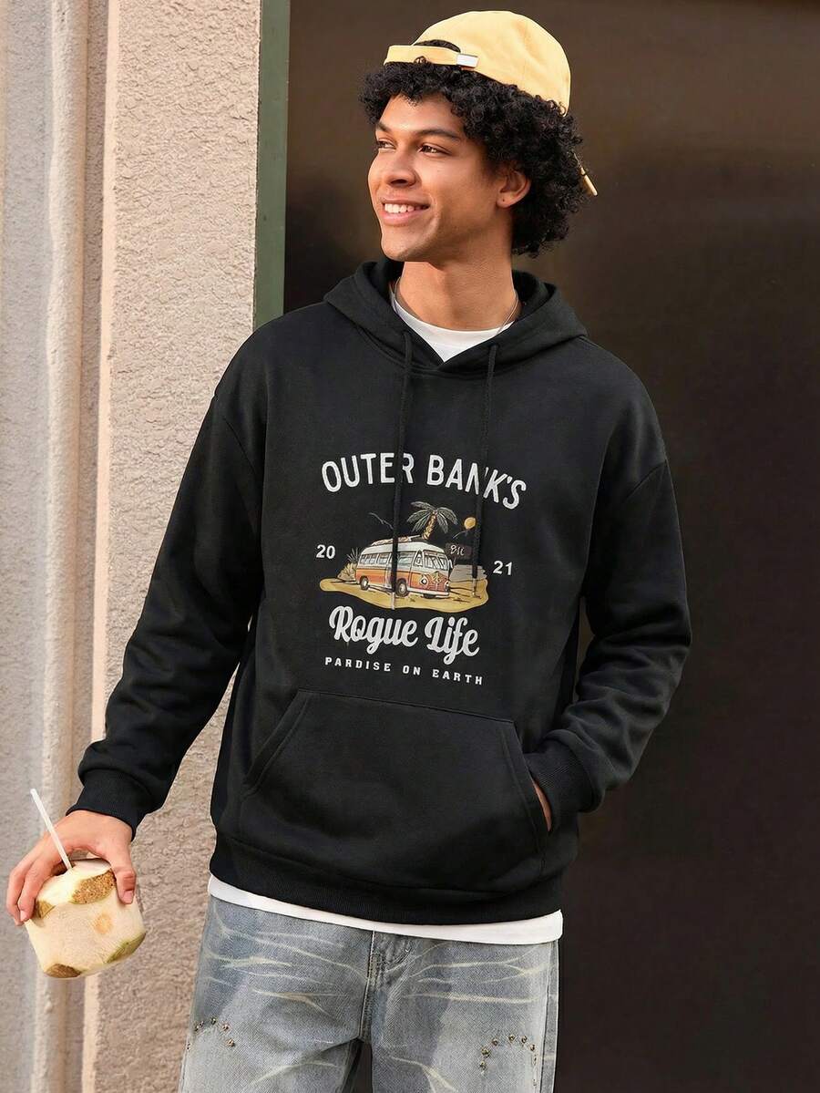 Open Phase 男士印花保暖连帽衫，美式街头风，适合秋冬季穿搭，日常百搭，送给男友/老公的礼物 - 黑色 - 查看 1