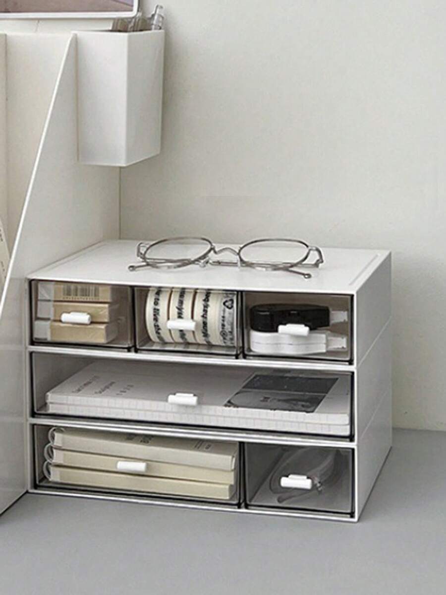 1pc Transparent Stackable Storage Box, Minimalist Desktop Compartment Drawer Organizer - Clear - View 1