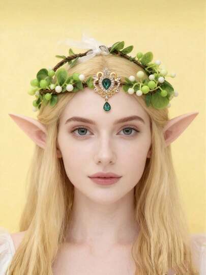 1pc Pastoral Flower Crown, Fairy-Like Bohemian Bamboo Leaf Baroque Headband, Green/Purple, Suitable For Vacation/Gift, Summer Accessories, Accessories, Coronas, Tiara