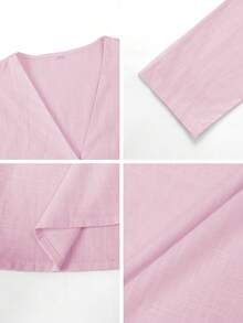 Look Polly Women's Spring Summer Casual Gentle Textured Cotton V Neck Single Button Ruffle Hem Top & High Waisted Wide Leg Pants Two Pieces Set Pink Vacation Outfit - Baby Pink - View 10