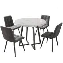 Dining Room Set (5 Pieces), Modern Dining Room Set (With 4 Chairs), Kitchen Table And Chair Set, 80cm Diameter Round Kitchen Table With Black Metal Legs, White MDF Top And Dark Grey Velvet Chairs - Grey - View 2