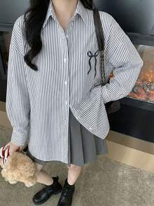 女式蓝白条纹领结衬衫，宽松轻薄长袖衬衫，秋冬 - 藏青色 - 查看 5