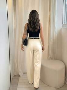 女士高腰阔腿裤，休闲优雅办公裤，纯色宽松直筒裤，柔软舒适休闲裤，春秋季时尚简约职场穿搭 - 杏色 - 查看 4
