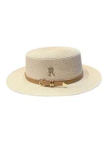 Women's Straw Hat, Summer Travel Vacation Beach R Letter Rhinestone Belt Retro British Style Flat Top Sun Hat, UV Protection, Casual, Polyester, Spring/Summer - Hat - View 14
