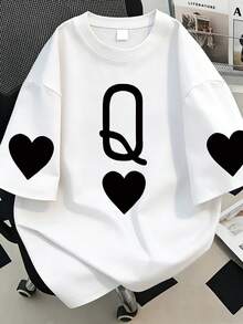 Plus Size Women Summer Casual Playing Card & Heart Letter Print Round Neck T-Shirt White - White - View 1
