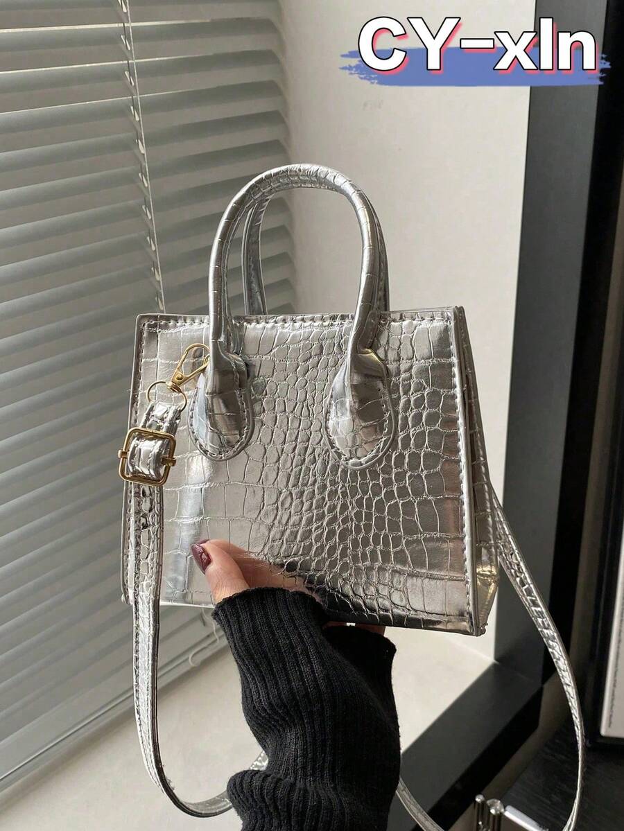 Túi xách nữ nhỏ hình vuông họa tiết đá, kiểu dáng thời trang mới, túi đeo vai hai quai xách họa tiết da cá sấu, dây đeo có thể điều chỉnh, đa năng cho du lịch và mua sắm.