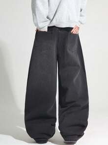 1pc Justice Brother Men's Loose Washed Denim Casual Baggy Wide Leg Jeans Pants (Excluding Belt/Accessories) - 深灰色 - 查看 2