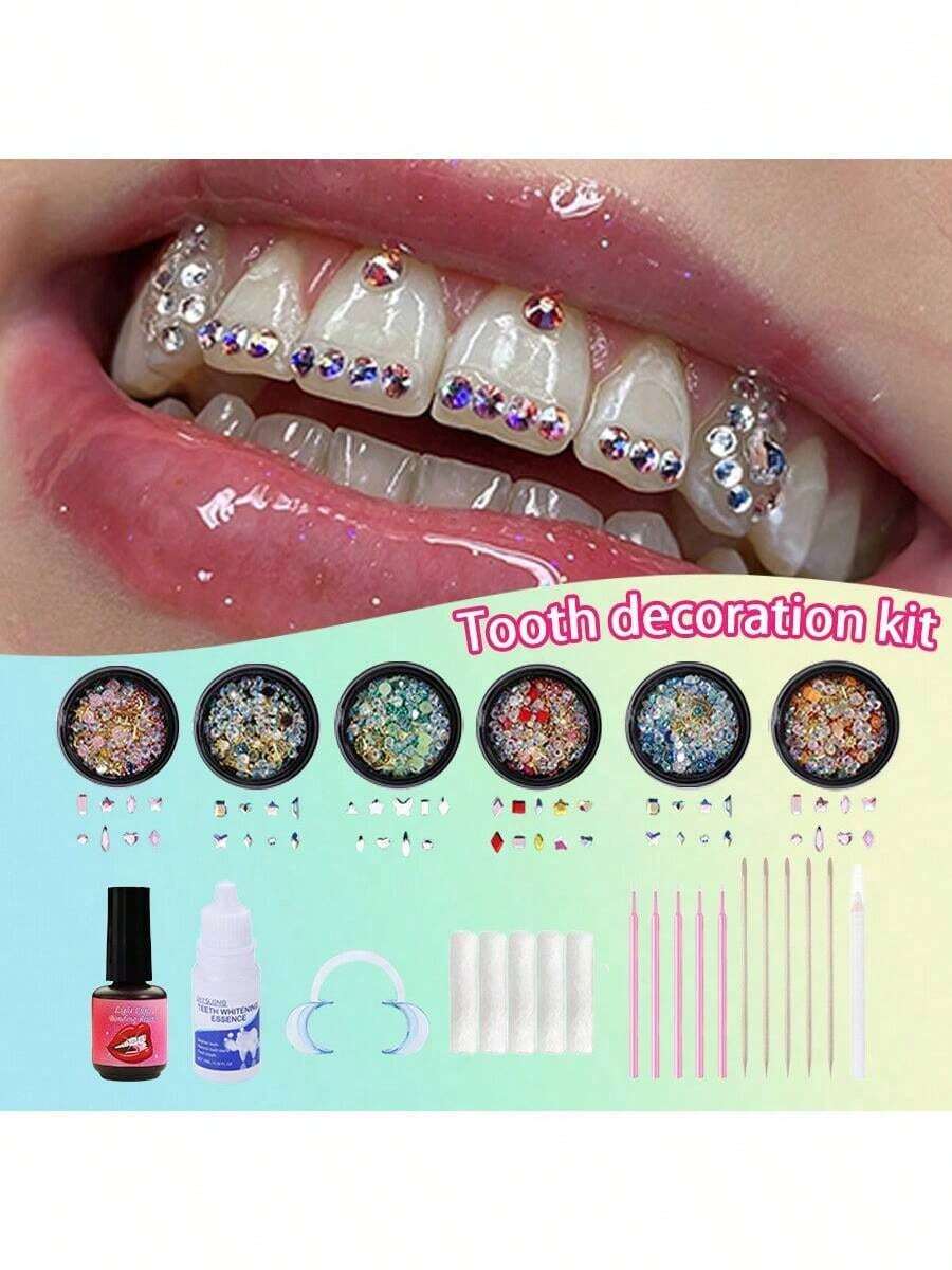66pcs Elegant DIY Tooth Jewelry Set, Personalized Tooth Rhinestone Decor, Minimalist Style Fashion Tooth Accessories For Daily, Party, Gift (Excluding Glue) - Multicolor - View 1