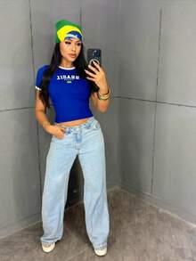 Women's Cropped Blouse With Brazil Logo, Round Neck, Short Sleeves, World Cup 2026 - Blue - View 3