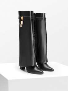Women's High Heel Knee-High Boots Fold Over Cuff Padlock Pointed Toe Side Zipper Y2K Fashion Party Festival Tall Boots  Shoes - 黑色 - 查看 5