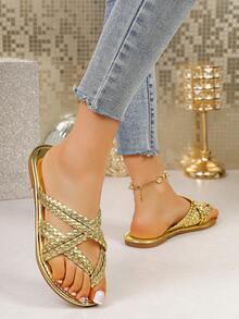 1双夏季时尚软底透气不疲劳户外金色编织人字拖 - 金色 - 查看 5