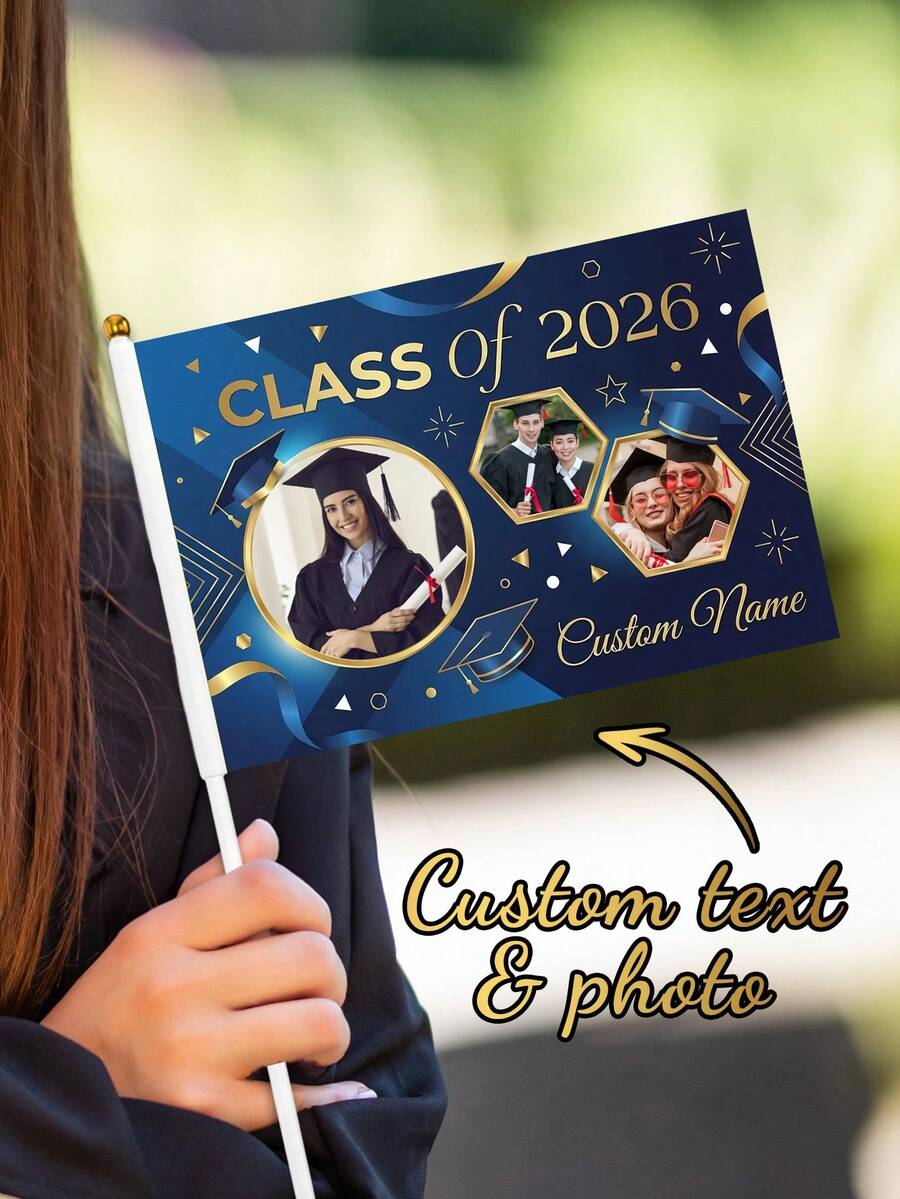 Personalized Custom Class Of 2026 Graduation Handheld Flag With Custom Photos, Text & Year, Navy Blue Gold Geometric & Cap Design, Graduation Season Gift For Graduates, Ideal For Graduation Ceremonies, Photo Shoots And Parade Displays - Blue - View 1