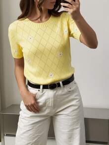 GIGOGOU Women's Fashion Embroidered Short Sleeve T-Shirt, Breathable Embroidered Knit T-Shirt Summer - Yellow - View 4