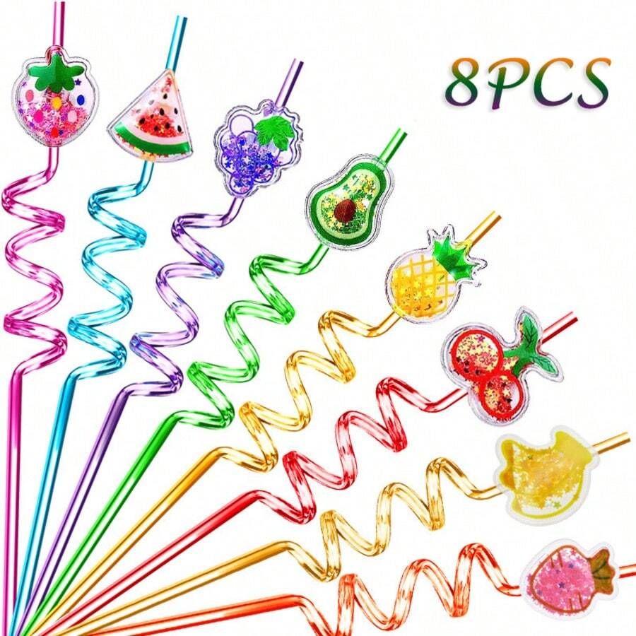 WJLLMYBAKING 8pcs Reusable Plastic Fruit Shaped Spiral Straws, Decoration For Birthday Party, Cocktail And Beverage