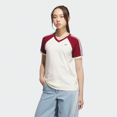 Adidas Originals Women's V-Neck Short Sleeve T-Shirt, Knitted Collarless Short Tee TKE6163