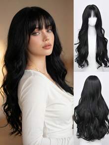 30英寸黑色波浪假发，女士款 - 带刘海，优质合成纤维，可调节帽套 | 日常/派对造型 - 黑色 - 查看 9