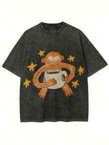 Monkeys Drinking Coffee Printed T-Shirt | High-Quality Batik Retro Fashion Brand, Unisex, Casual Style, Crew Neck, Fla Hem, Short Sleeves, Perfect For Daily Wear And Holiday Gifts Unisex Vintage Washed Cotton Short Sleeve T-Shirt,Vintage Washed Tee,Gender Neutral Faded Easter Egg Graphic Crew Neck Tee - 黑色 - 查看 1