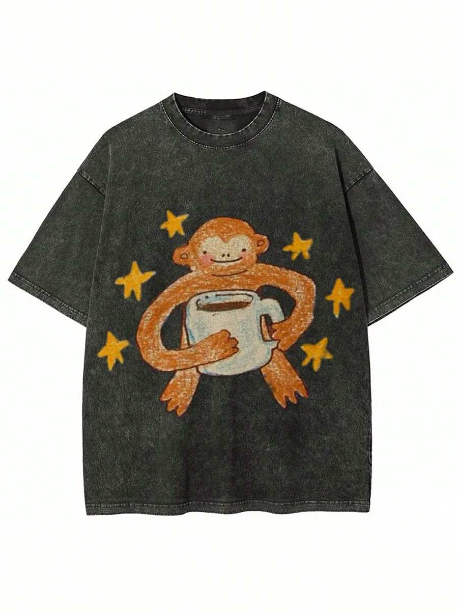 Monkeys Drinking Coffee Printed T-Shirt | High-Quality Batik Retro Fashion Brand, Unisex, Casual Style, Crew Neck, Fla Hem, Short Sleeves, Perfect For Daily Wear And Holiday Gifts Unisex Vintage Washed Cotton Short Sleeve T-Shirt,Vintage Washed Tee,Gender Neutral Faded Easter Egg Graphic Crew Neck Tee - 黑色 - 查看 1
