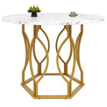 Dining Set (5 Pieces), Including A Table And Four Chairs, A Round Table 100 Cm In Diameter With Gold Metal Legs And White MDF Top, And Dark Green Velvet Dining Chairs. - Green - View 8