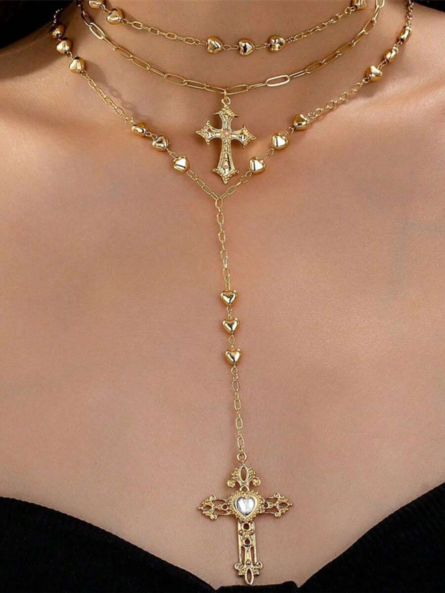 1 Pc Golden Color Heart Chain Cross Necklace Y Chain Pendant Necklaces Layering Necklaces Set Cross Jewelry - Vàng - Xem 1