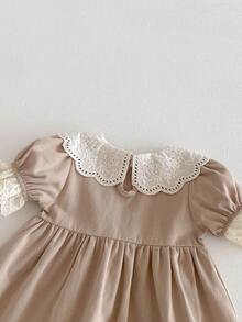 Toddler Girls' Loose Fit Hollow Out Peter Pan Collar Short Sleeve Dress, Spring/Autumn, Runs Slightly Large - Khaki - View 6