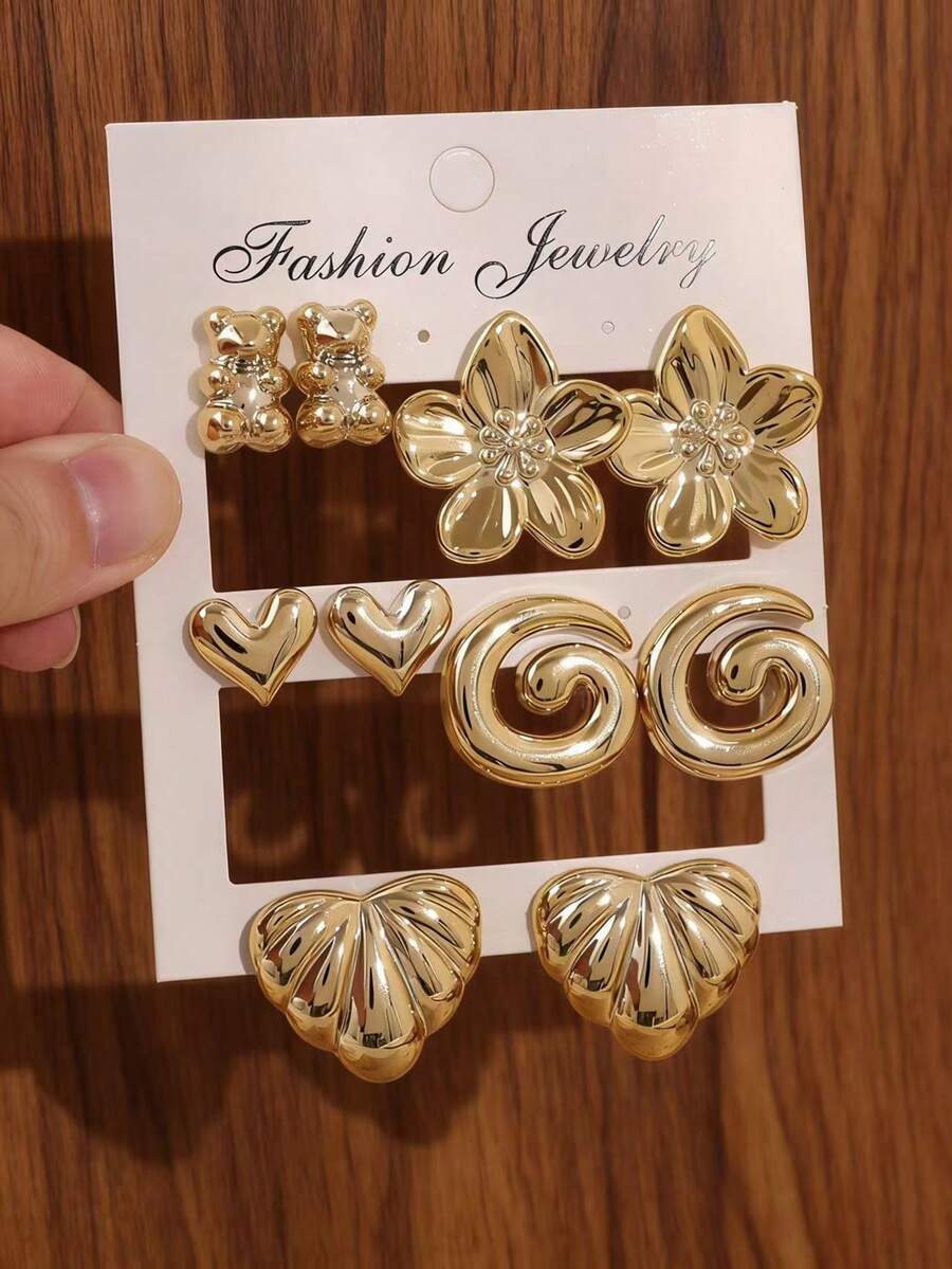 10pcs Fashionable Metallic Flower & Heart Stud Earrings Set, Women's Stylish Earring Jewelry Set, Lightweight CCB Material For Daily Wear - Gold - View 1