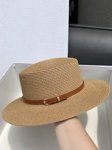 新款草帽 女士宽檐遮阳帽 平顶帽 法式复古简约休闲沙滩遮阳帽 时尚百搭，涤纶材质，防风防紫外线，春夏款 - 帽子 - 查看 13